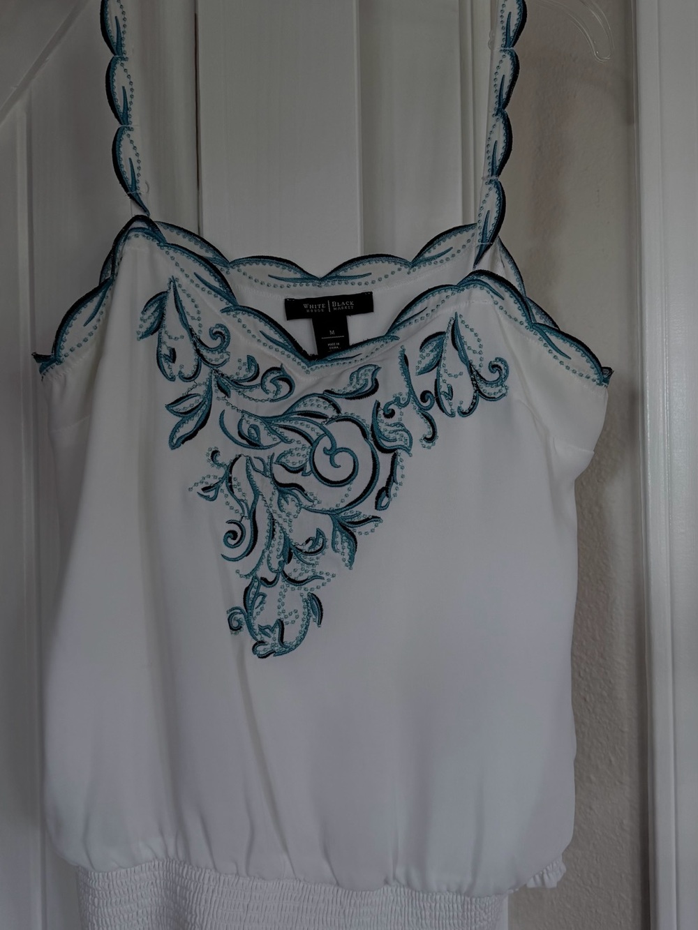White House Black Market White Camisole with Teal Embroidery